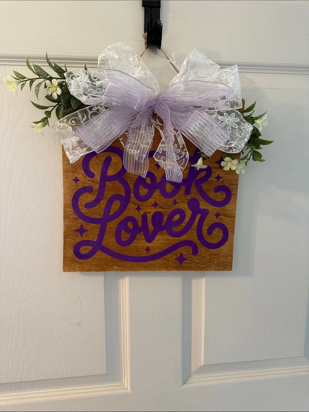 Book Lover Wooden Wall Sign with Purple Script and White Bow